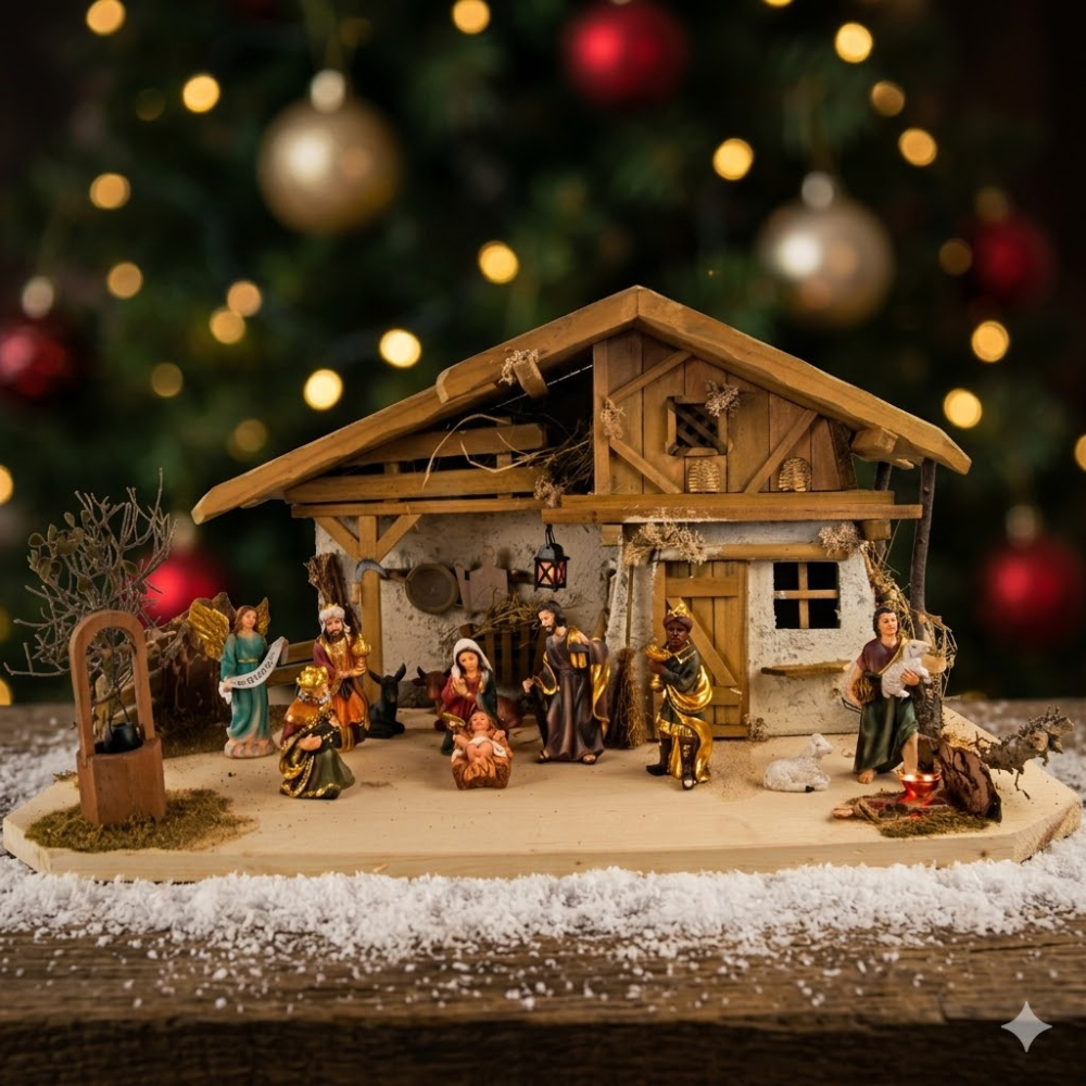 Wunderschöne Weihnachtskrippe Olbernhau inkl. 11-tlg. Figurensatz K 604, Maße Krippe: ca. 60m x 30 x 30 cm